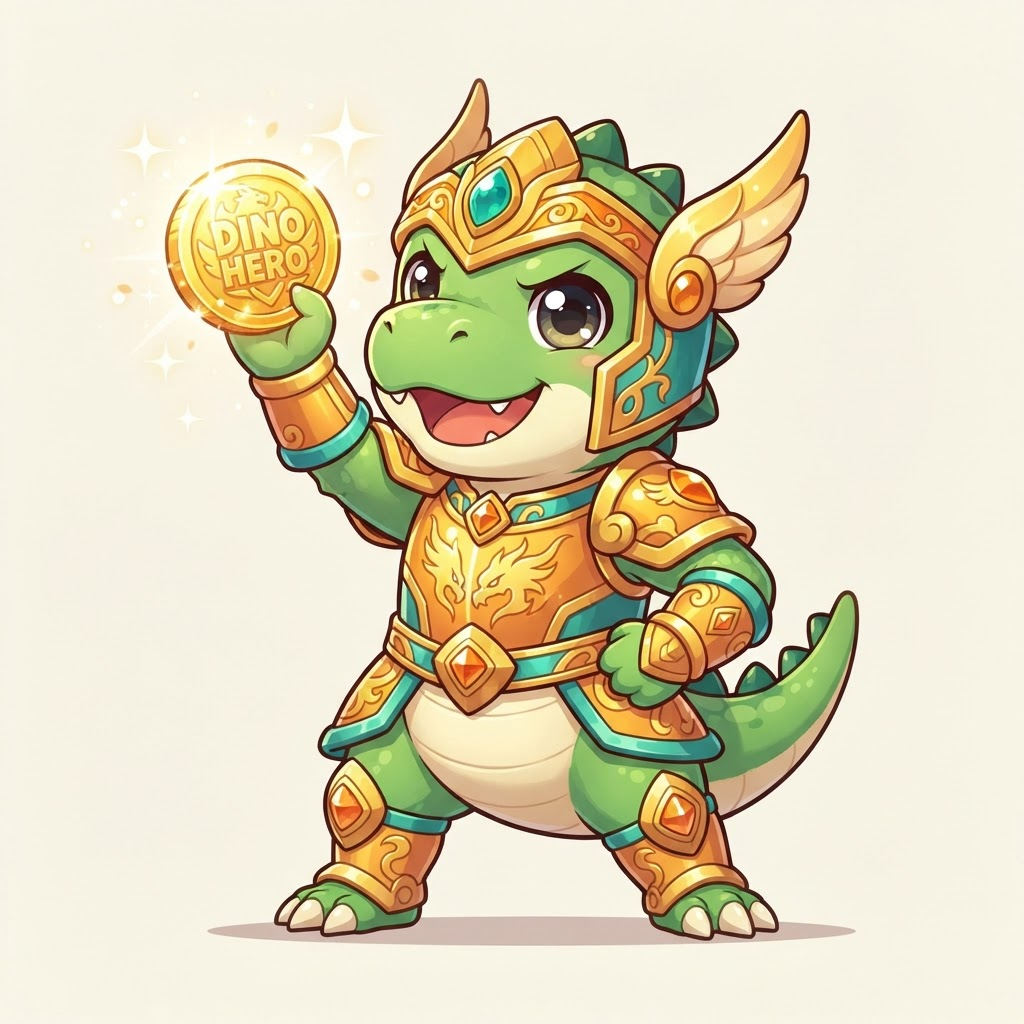 A dino warrior holding up a gold coin, inviting you to join the adventure