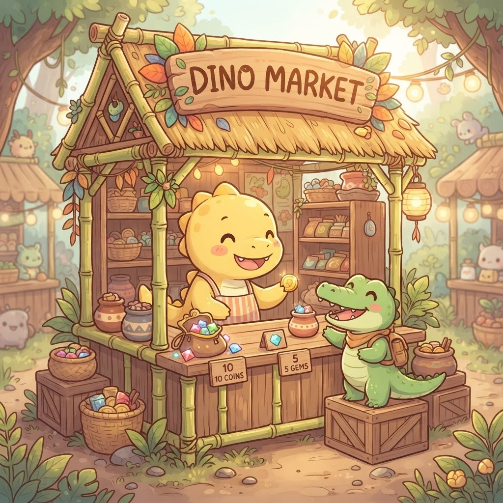 Two little dinos exchanging coins and gems at the dino market